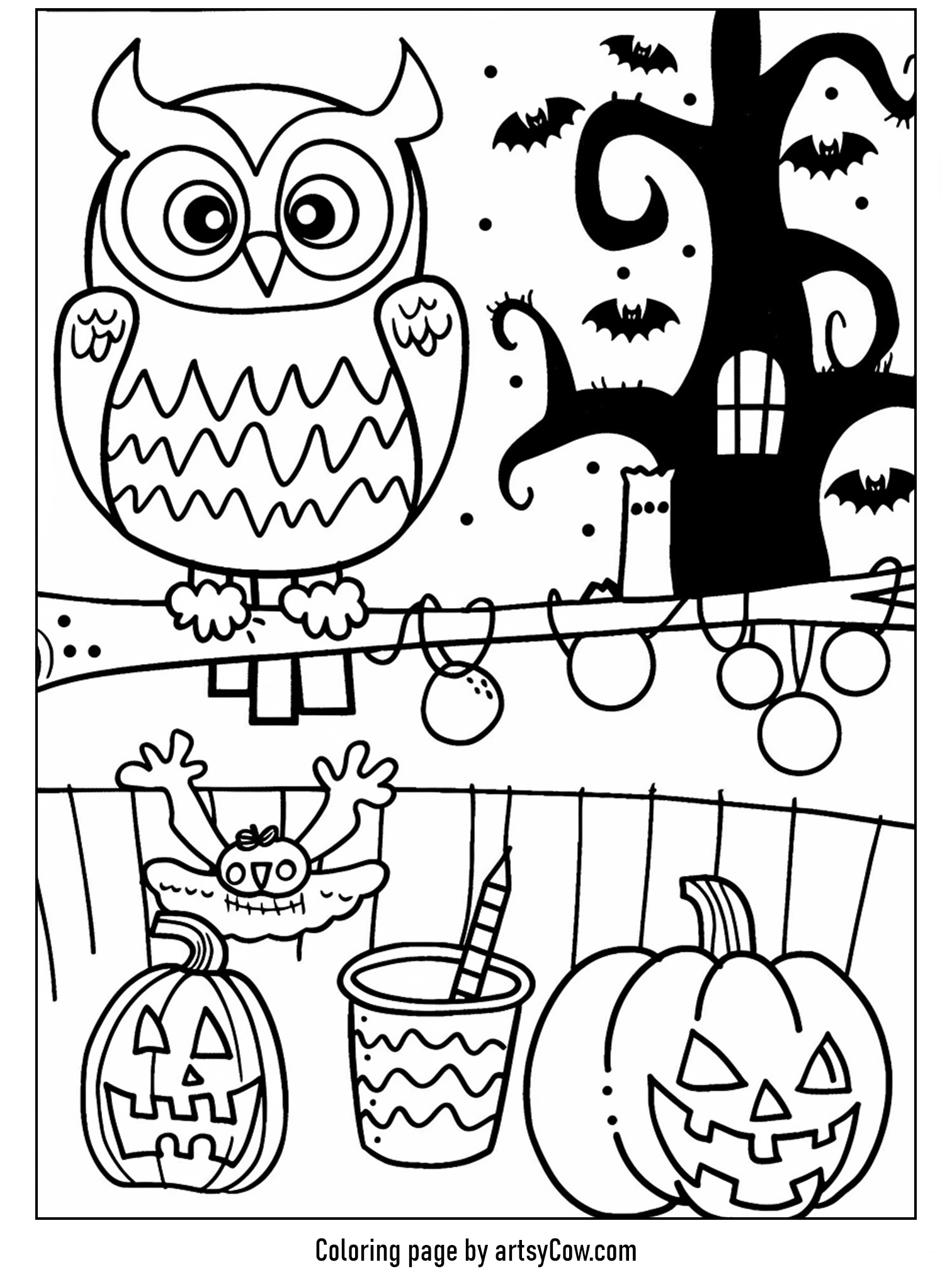 an owl perched on a branch, with creepy bats, a twisted tree, and smiling pumpkins